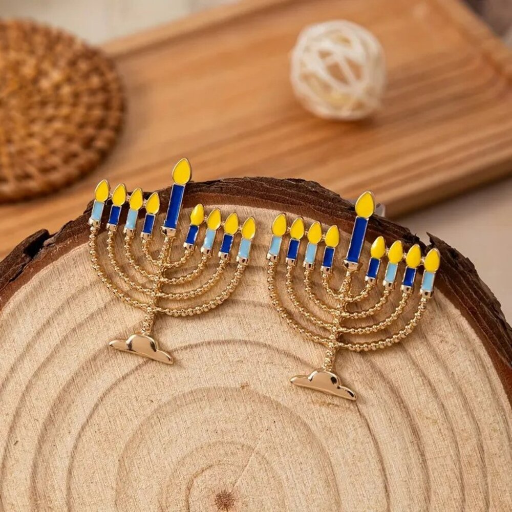🕎HOST PICK🕎Large Gold Hanukkah Menorah Post Earrings Jewish Judaic